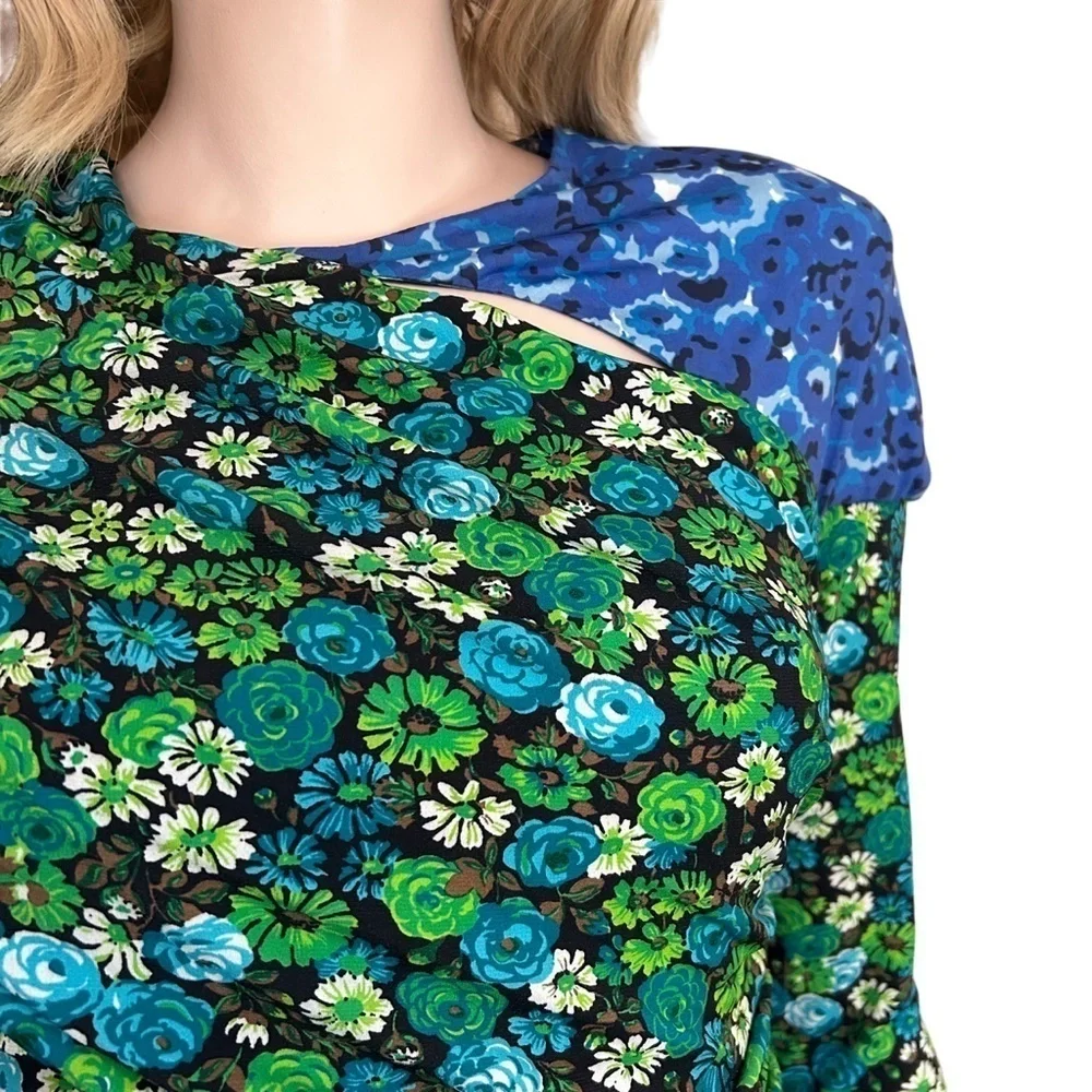 ZARA Patchwork Floral Blouse Top Keyhole Neckline Ruched Draped Cape Sleeve NWOT - Picture 8 of 16